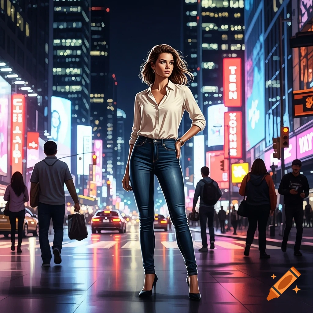 A stylish woman in a white shirt and blue jeans stands on a busy city street at night, illuminated by neon signs.