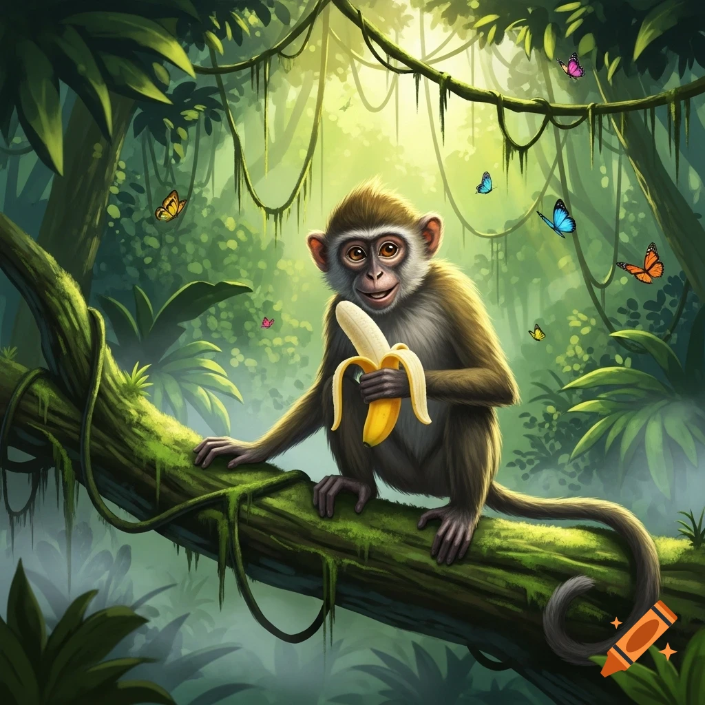 An illustration of a cute baby monkey sitting on a mossy branch in a vibrant jungle, holding a peeled banana. Colorful butterflies flutter around.