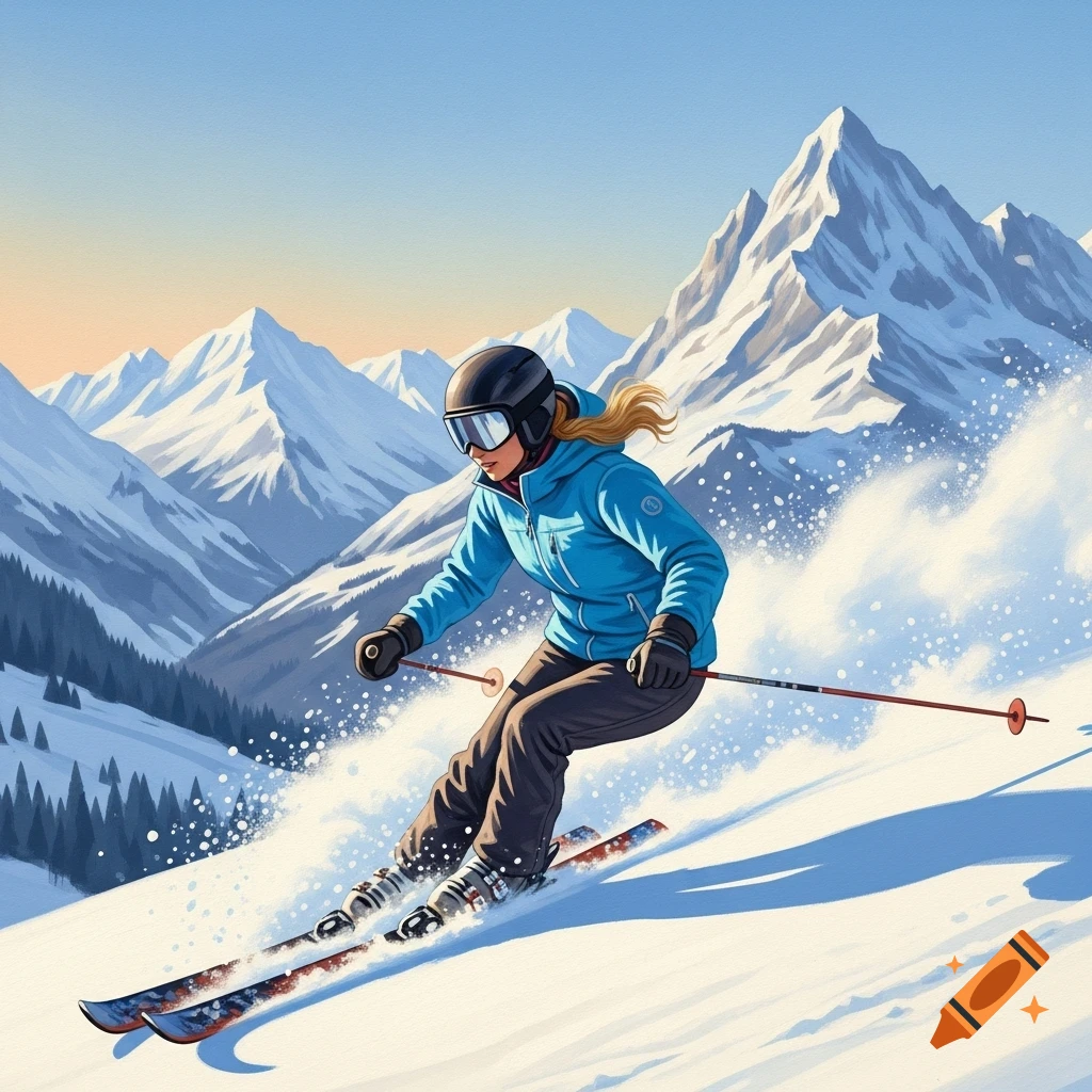 An illustrative painting of a woman in a blue jacket skiing down a snowy mountain with peaks and sunshine in the background.