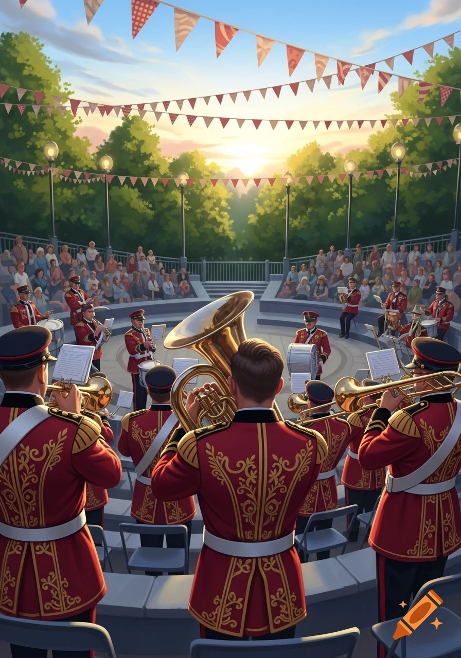 A brass band performs an outdoor concert at sunset, with an audience seated in an amphitheater and festive banners strung overhead.