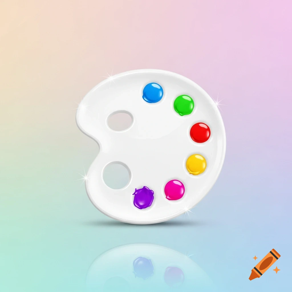 A shiny white painter's palette holds drops of blue, green, red, yellow, purple, and pink paint, reflecting on a soft gradient background.