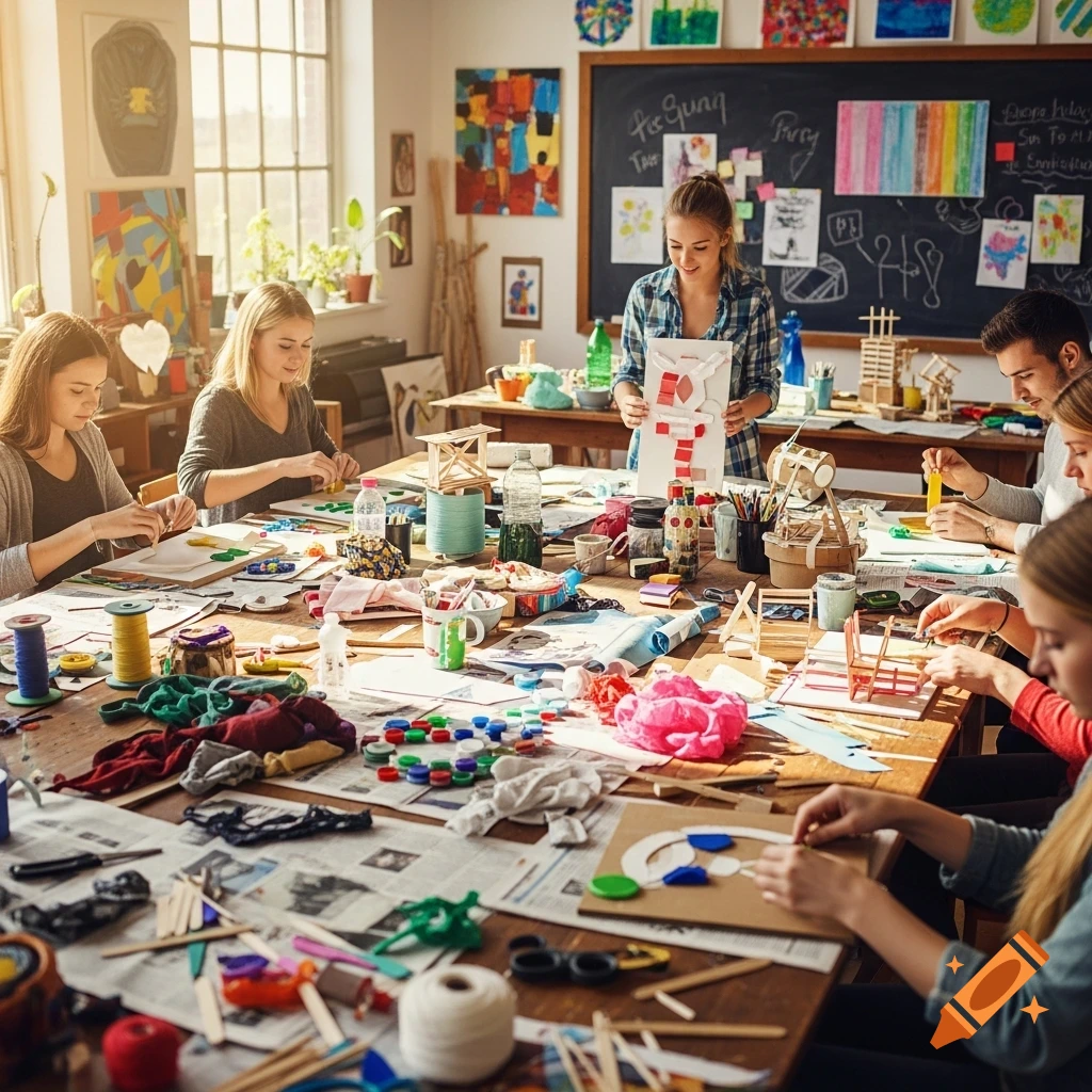 A diverse group of students engaged in an art class, creating crafts with various recycled materials on a sunlit studio table.
