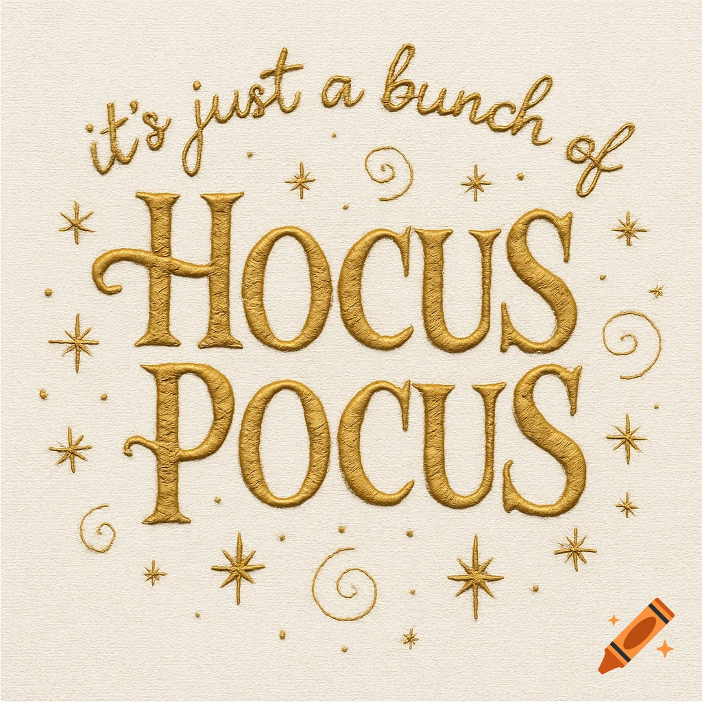 Embroidered text art reading 'it's just a bunch of Hocus Pocus' in gold, surrounded by small stars and swirls on a textured cream background.