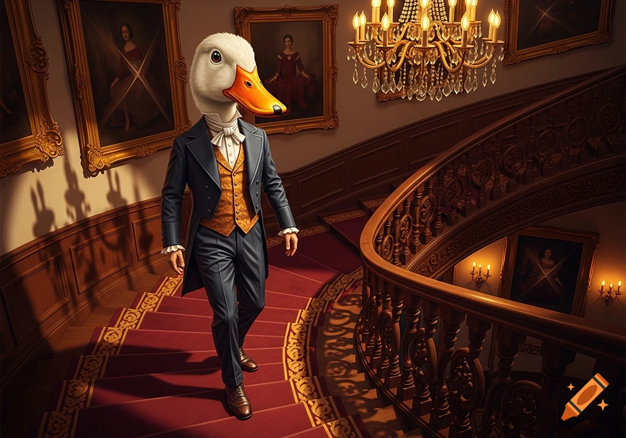 A dapper duck-headed man in a formal suit walks down a grand red-carpeted staircase in a luxurious mansion.