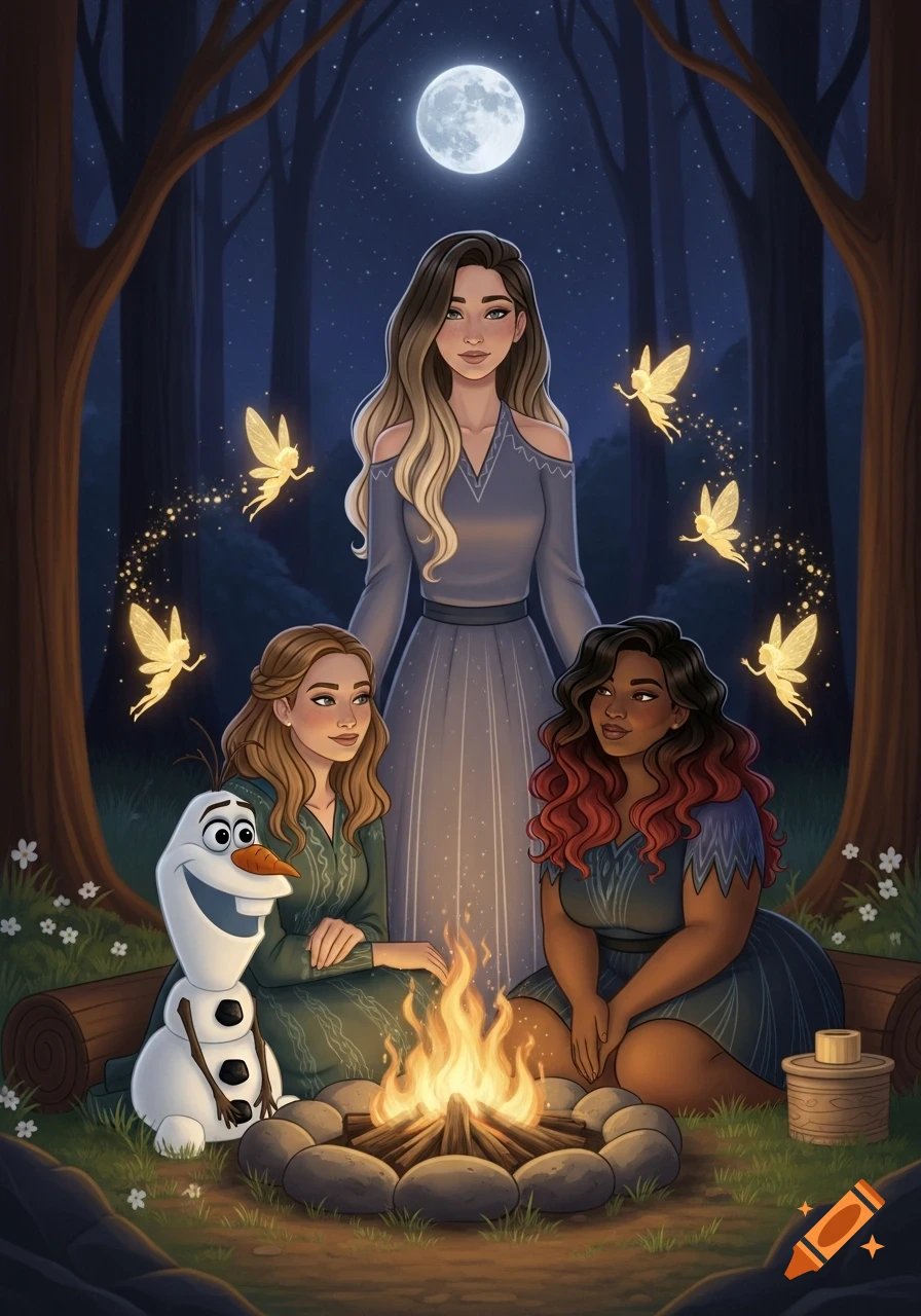 Illustrated scene of three women and Olaf by a campfire in a magical forest at night, with glowing fairies and a full moon.