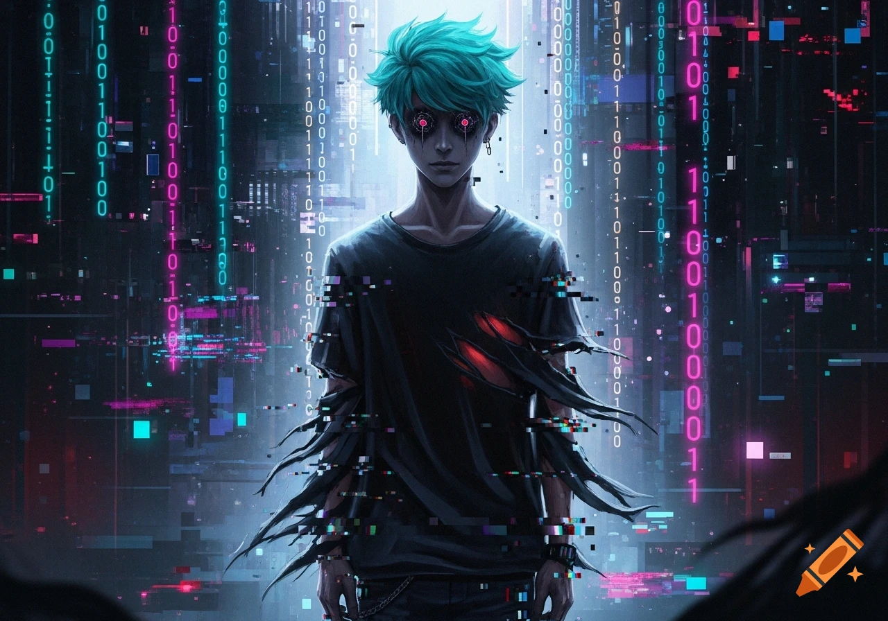 An anime boy with teal hair, glowing red eyes with dark tears, and a glitching body stands amidst falling binary code and digital artifacts.