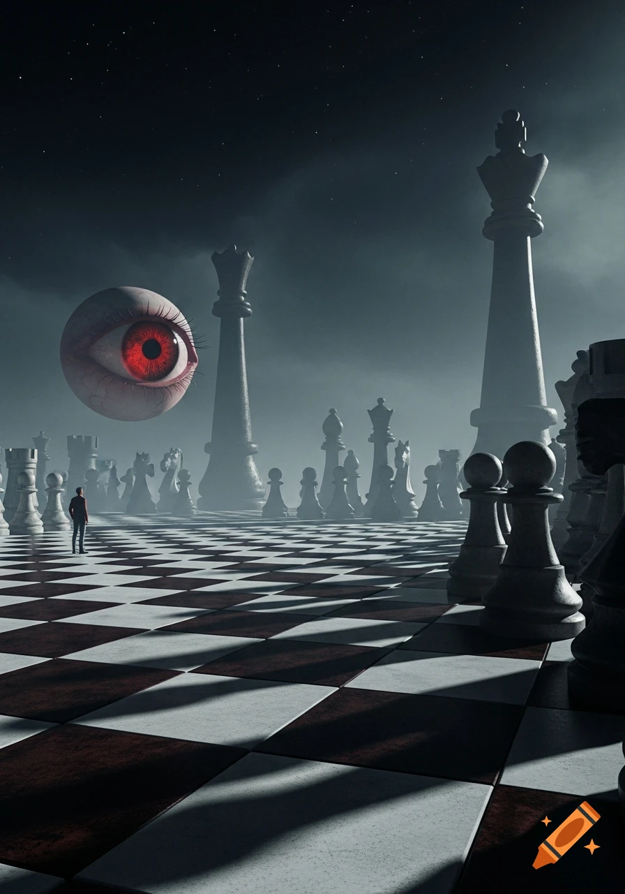 A person on a vast chessboard looks up at a giant red eyeball floating above a foggy field of enormous chess pieces under a dark, starry sky.