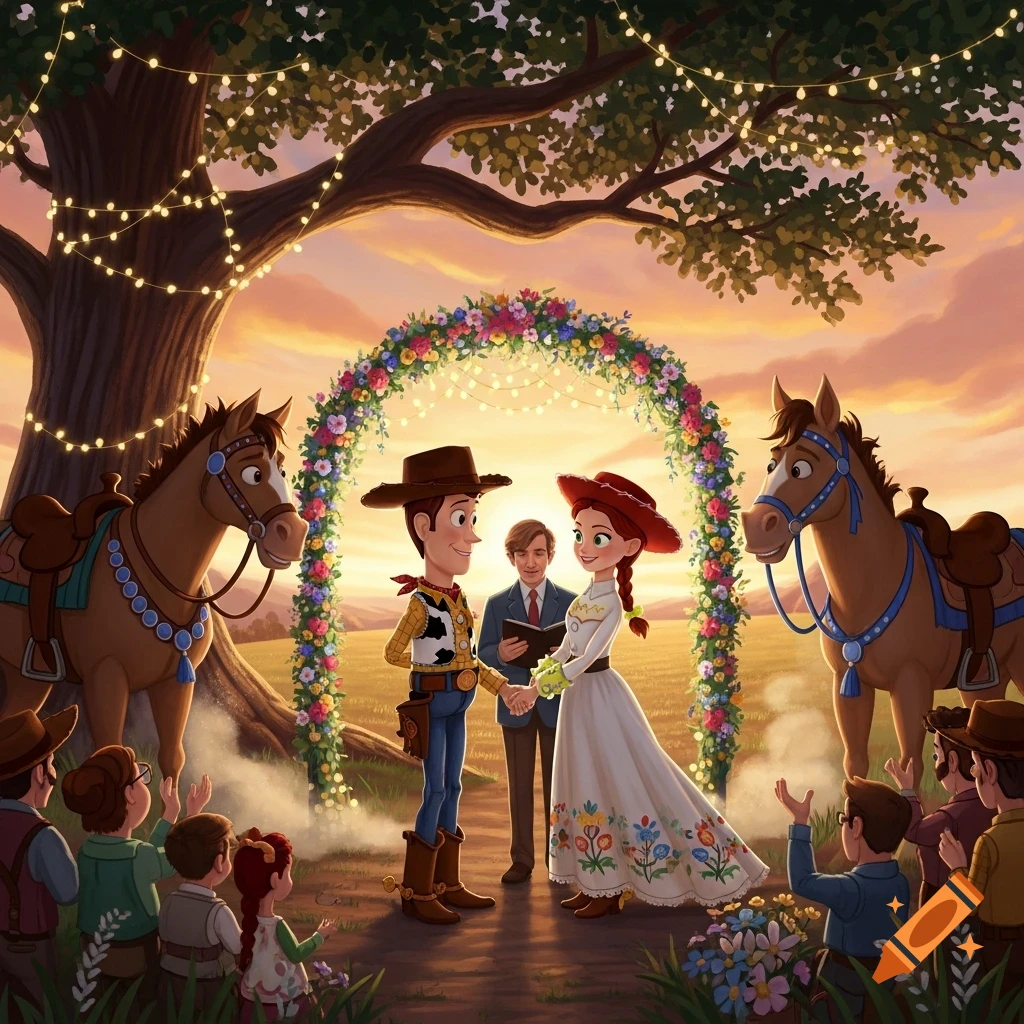Woody and Jessie from Toy Story getting married outdoors under a floral arch at sunset, with horses and guests watching.