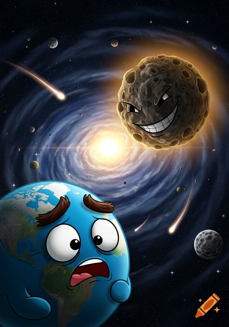 Cartoon Earth with a scared expression looks up at a grinning asteroid in a vibrant swirling galaxy.