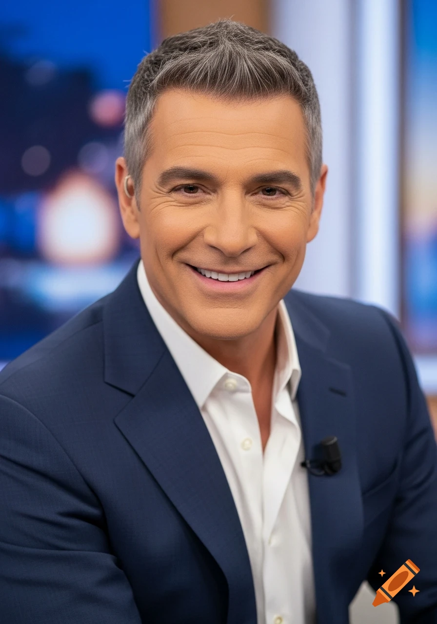 A photorealistic portrait of a smiling charismatic man with graying hair in a blue suit in a brightly lit TV studio.
