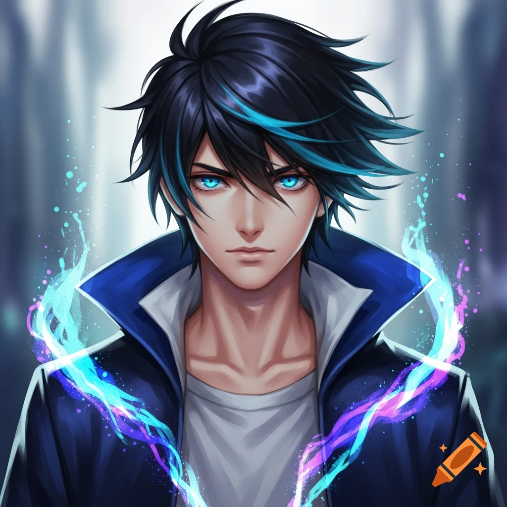 Anime male character with black hair and blue streaks, glowing blue eyes, surrounded by blue and purple energy.