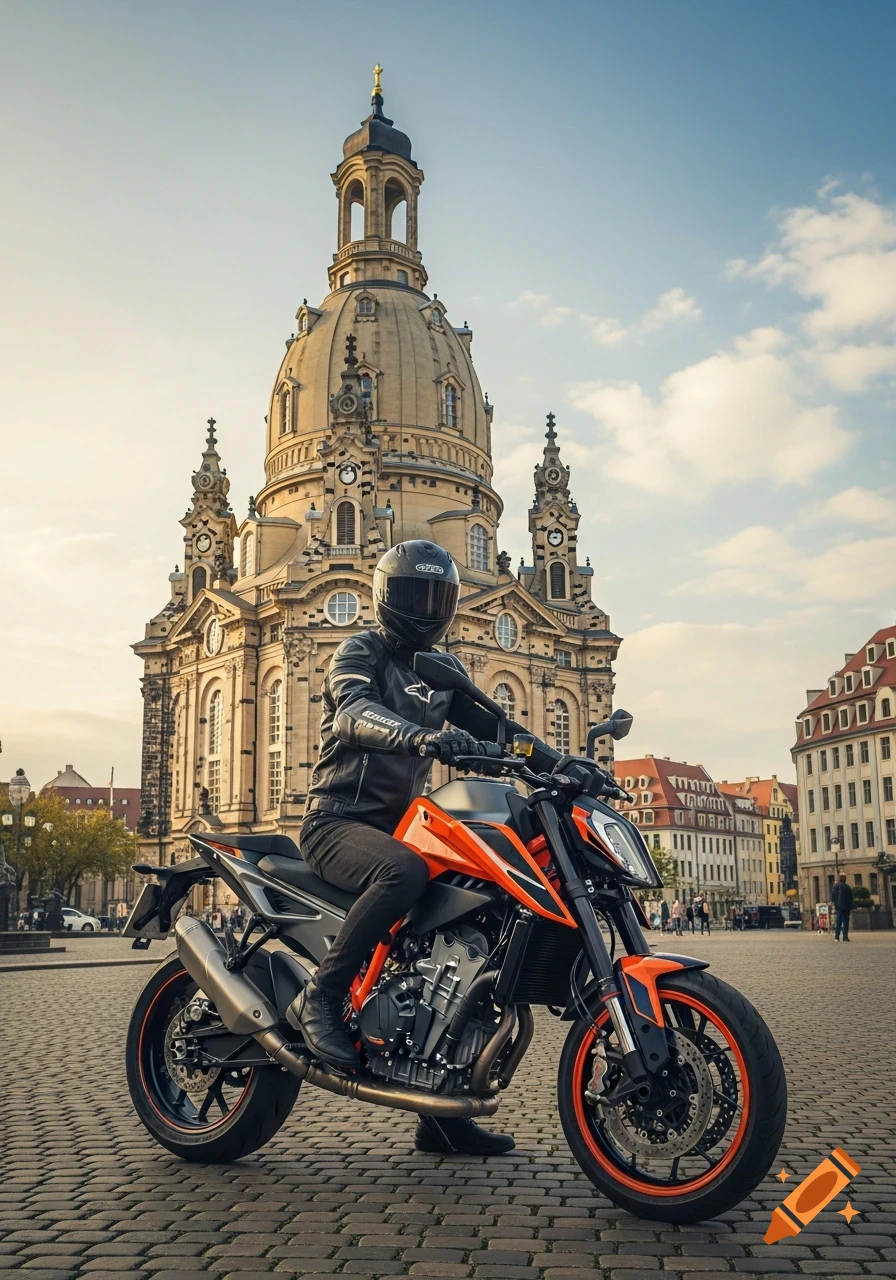 A motorcyclist in a black helmet and gear sits on an orange and black KTM 790 Duke motorcycle on a cobblestone square, with the Dresden Frauenkirche in the background under a cloudy sky.