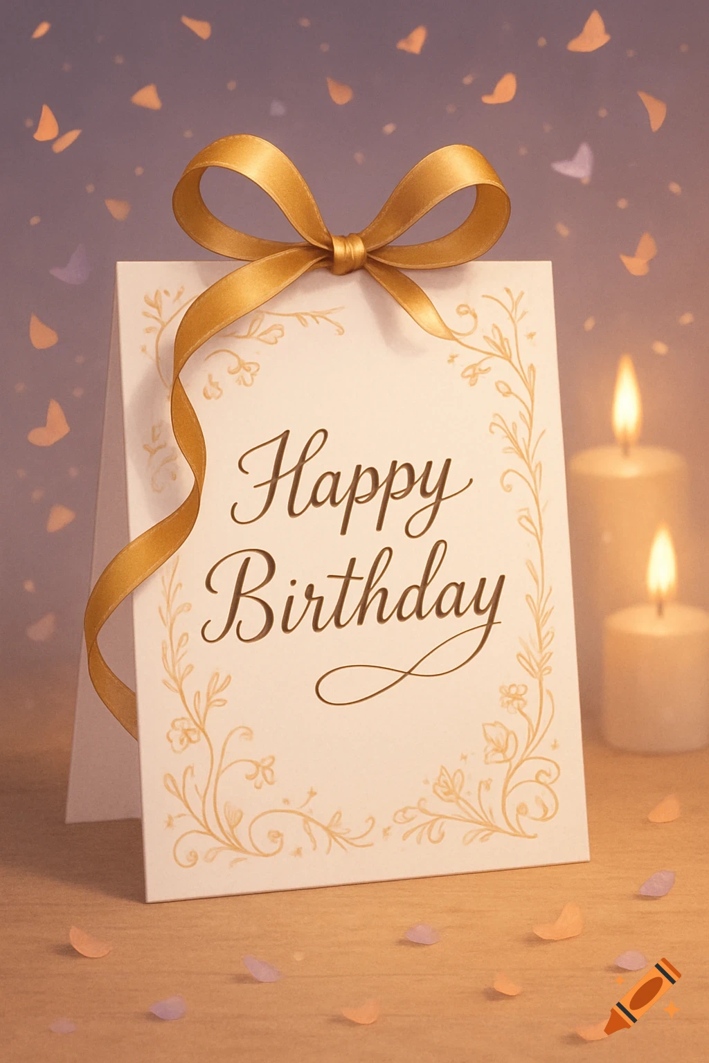 A white birthday card with "Happy Birthday" in elegant script, tied with a golden ribbon, alongside two lit candles and scattered confetti.