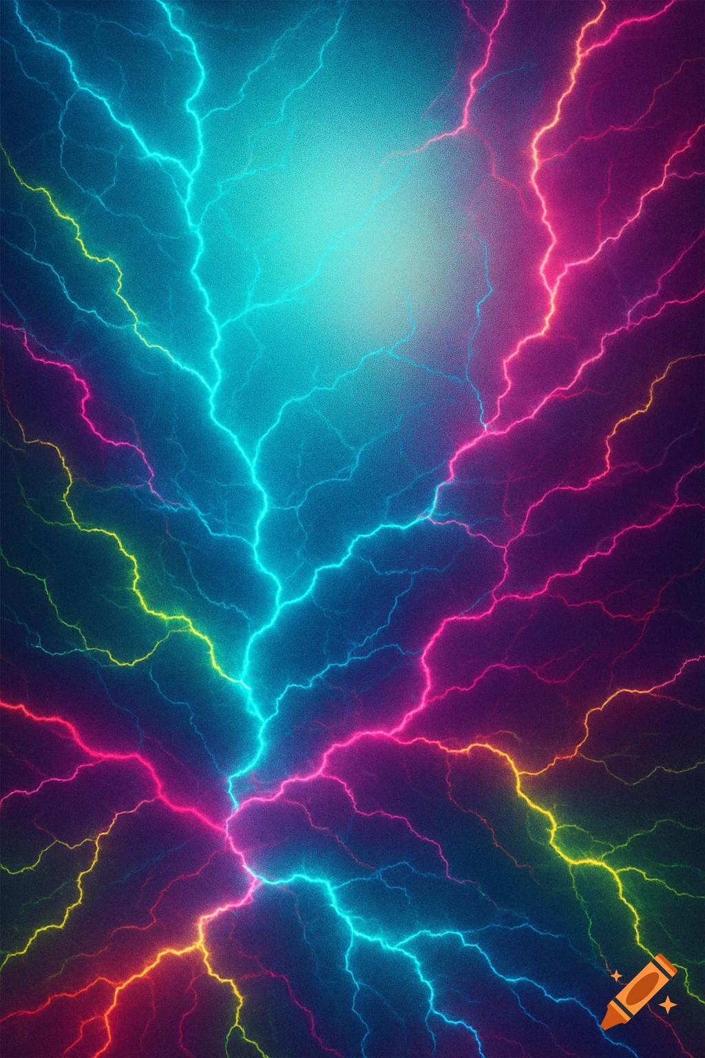 Vibrant neon lightning bolts in electric blue, pink, yellow, and orange crisscross a dark background, with a brighter aqua glow at the top center.