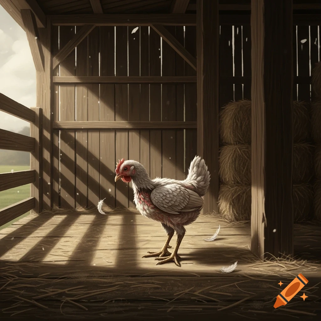 A white and red chicken with sparse feathers stands in a sunlit wooden barn, with hay bales in the background.
