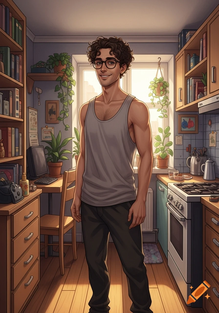 An illustrated portrait of a smiling man with curly brown hair and glasses, wearing a gray tank top and dark pants, standing in a cozy apartment with a kitchen and a desk.