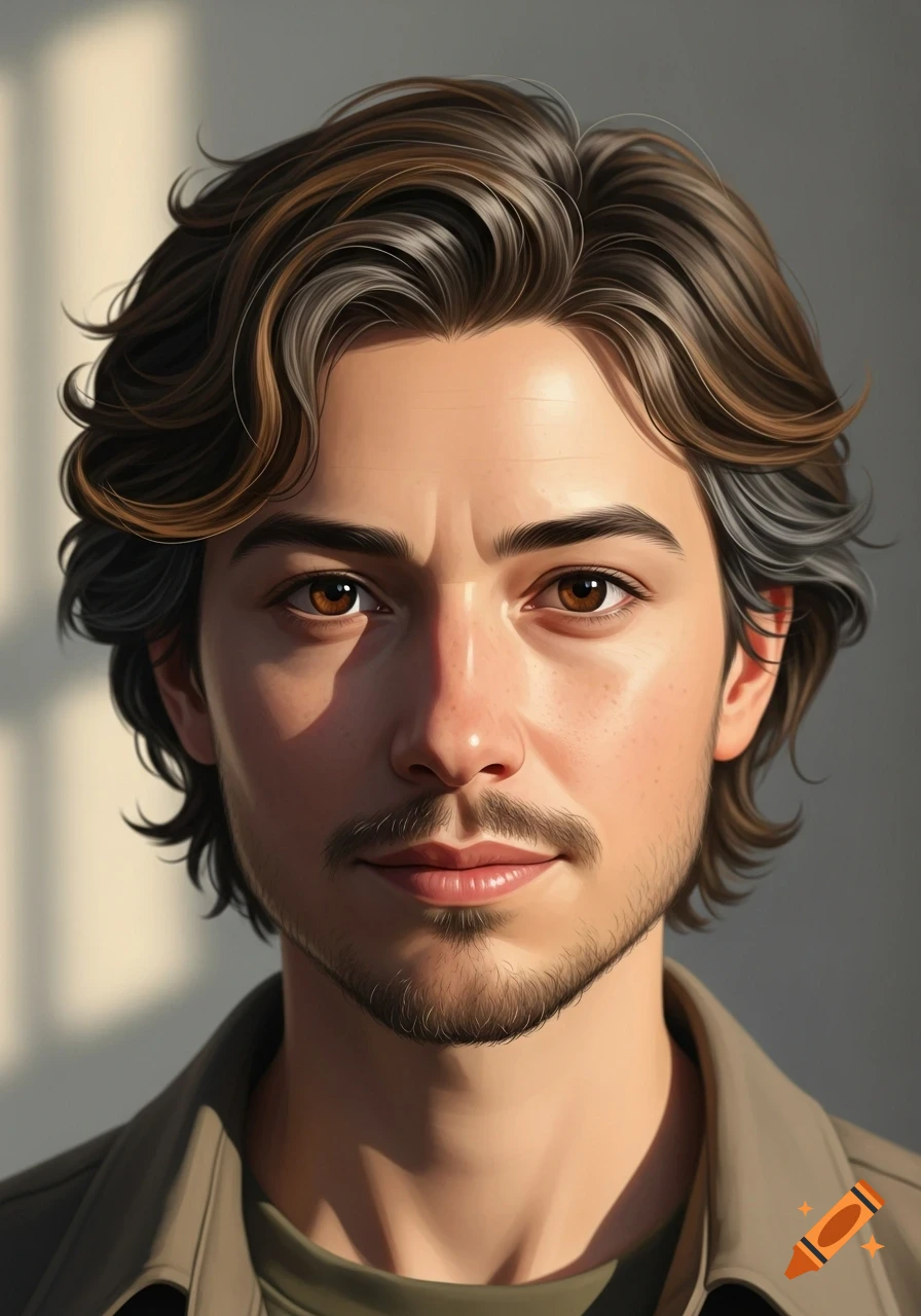 Photorealistic portrait of a young man with wavy brown and gray hair, brown eyes, and a light beard, wearing earthy-toned clothing in soft natural light.