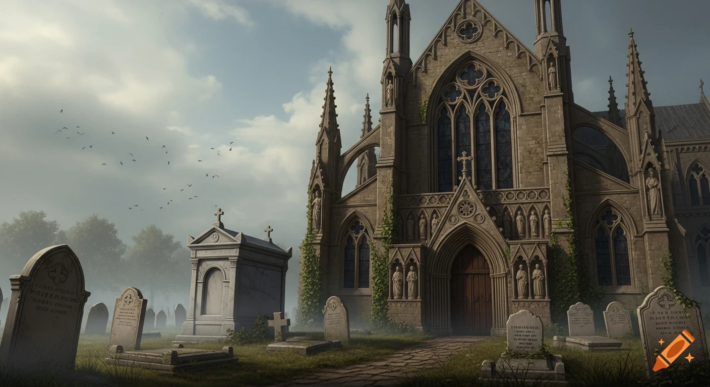 A wide shot of a ruined Gothic church next to a misty graveyard with a mausoleum and several gravestones.