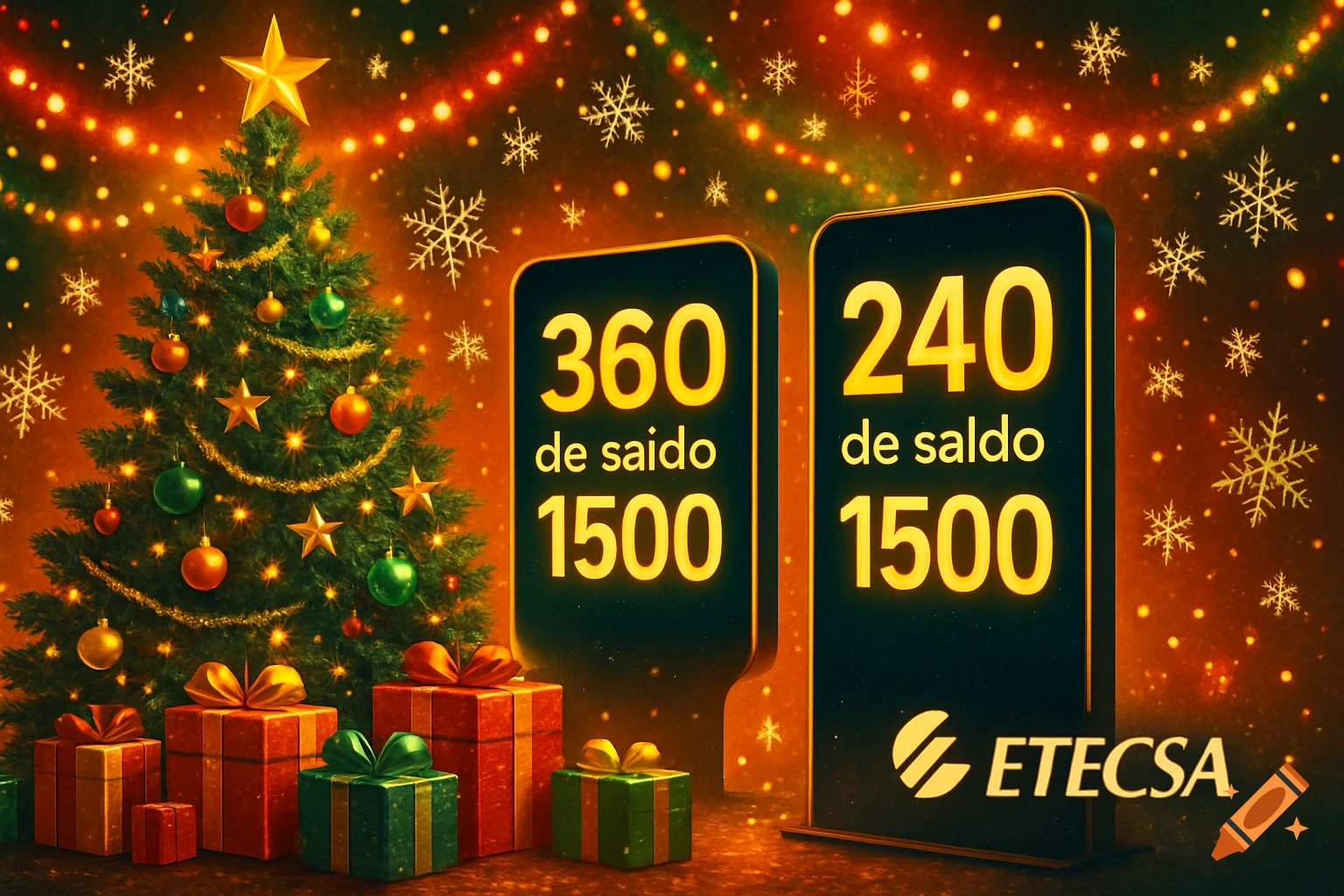 A festive Christmas scene with a decorated tree, glowing presents, and two screens displaying '360 de saldo 1500' and '240 de saldo 1500' with an ETECSA logo.