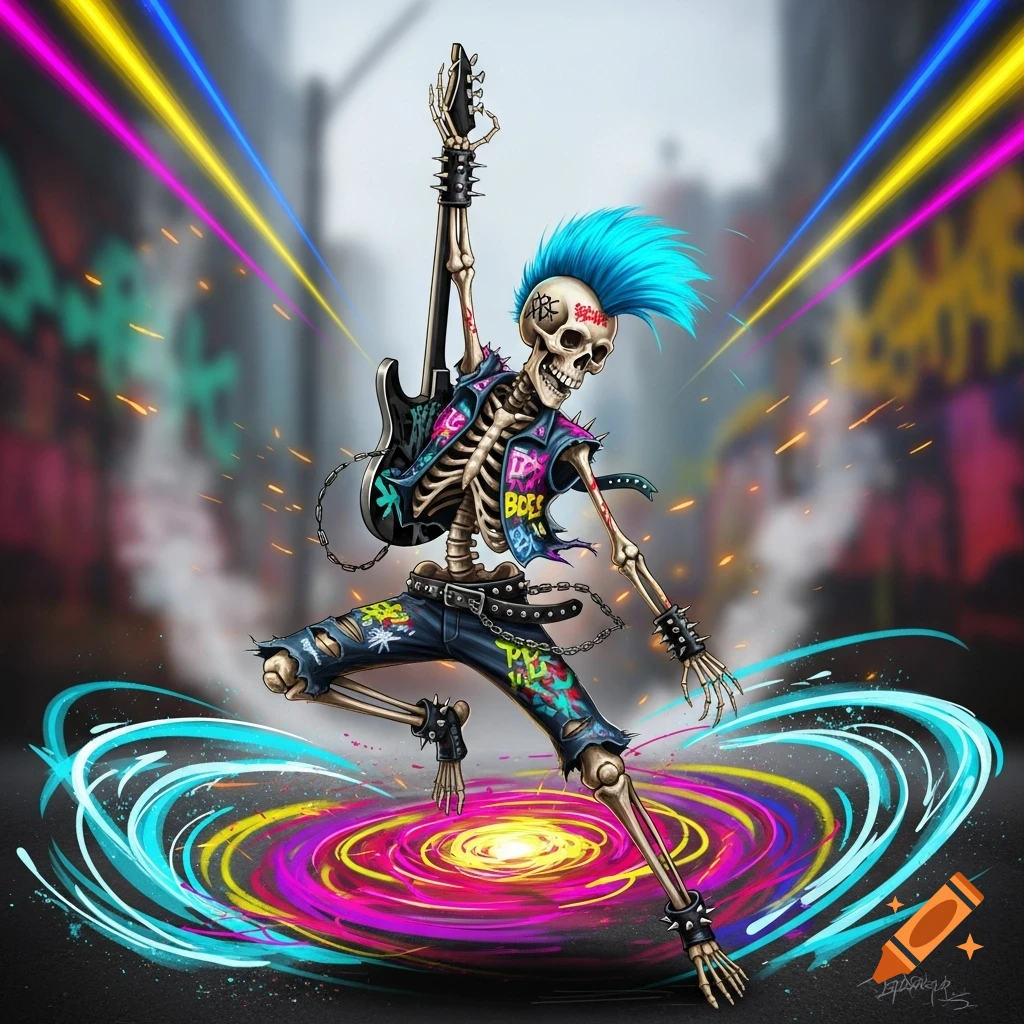 A vibrant punk rock skeleton with a blue mohawk dances with an electric guitar amidst neon lights.