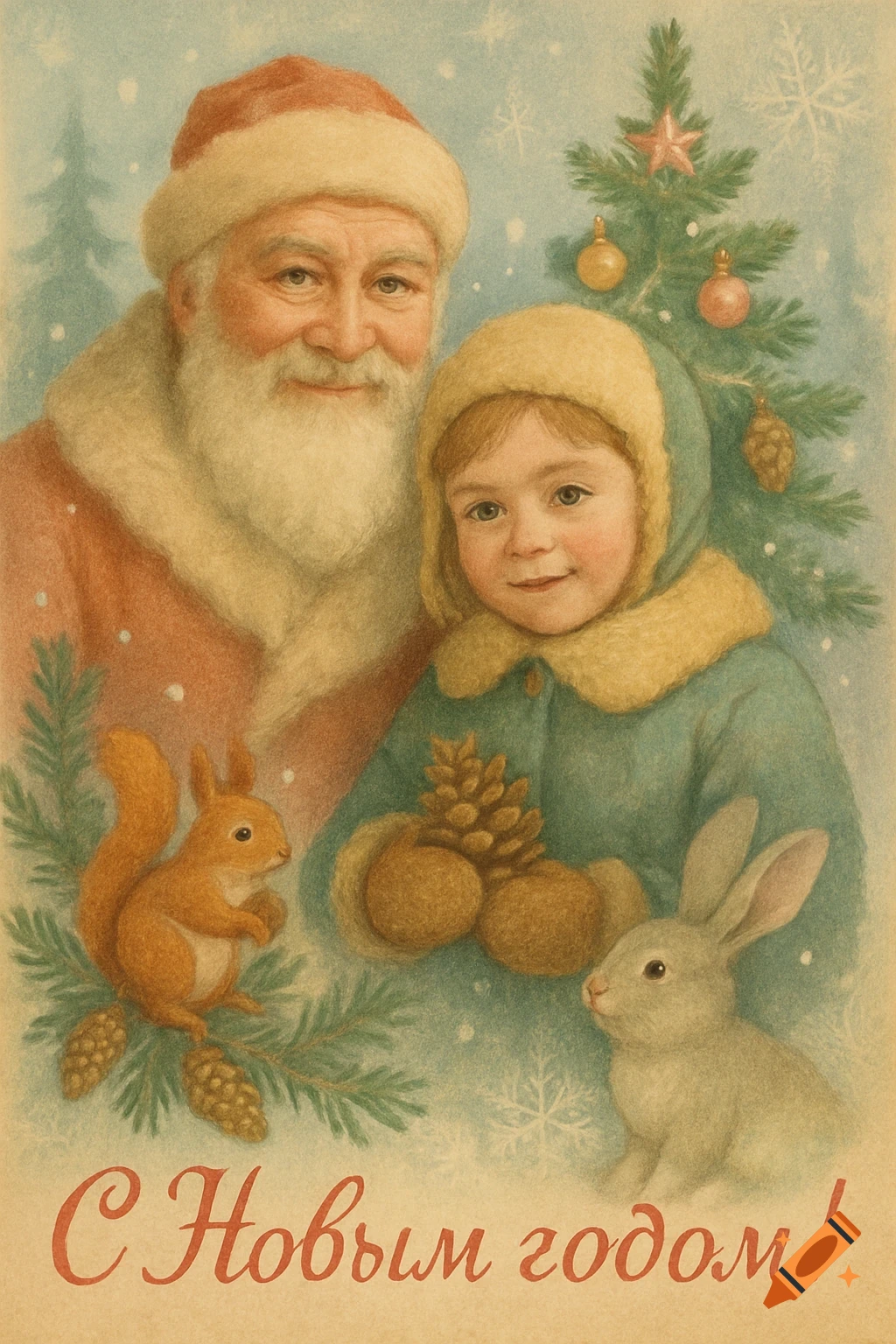 Vintage illustration of Santa Claus, a child, a squirrel, and a rabbit by a Christmas tree with 'Happy New Year' text.