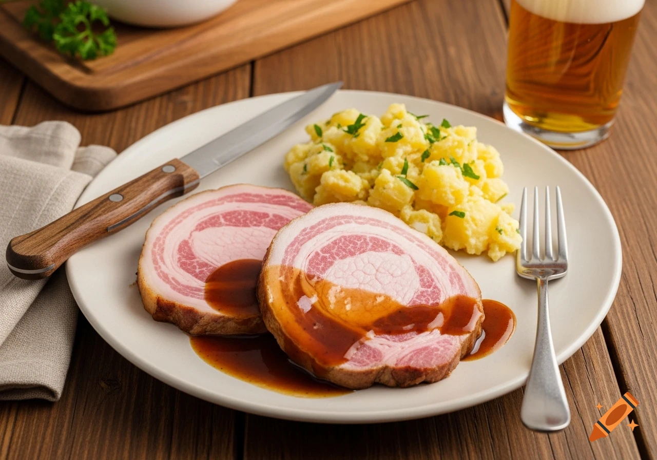 Two slices of rolled pork with gravy and potato salad on a plate with cutlery on a wooden table, a beer glass in background. Photorealistic.