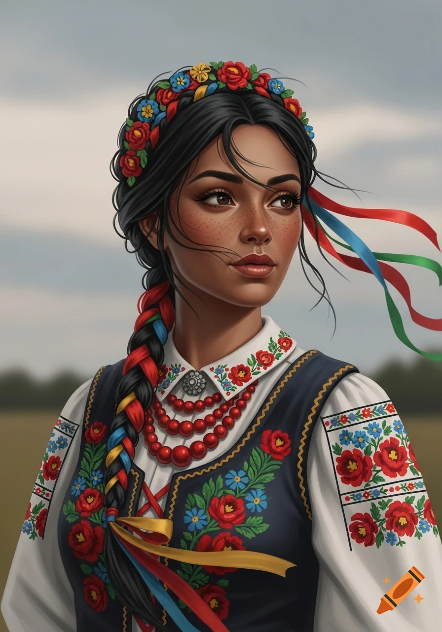 Digital painting of a woman with dark braided hair and a floral wreath, wearing embroidered traditional Polish clothing in a field.