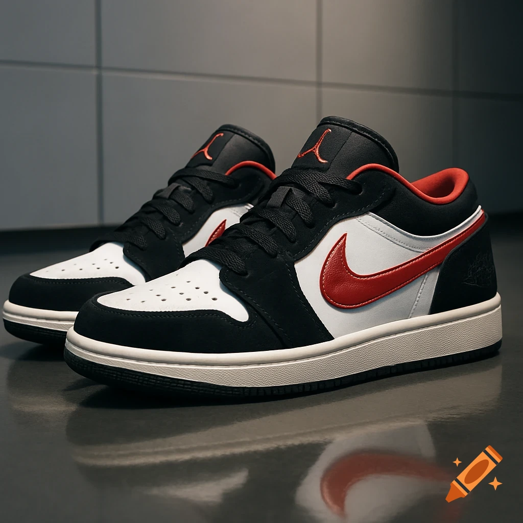 A pair of black, white, and red low-top Jordan sneakers with a red swoosh and Jumpman logo on the tongue.