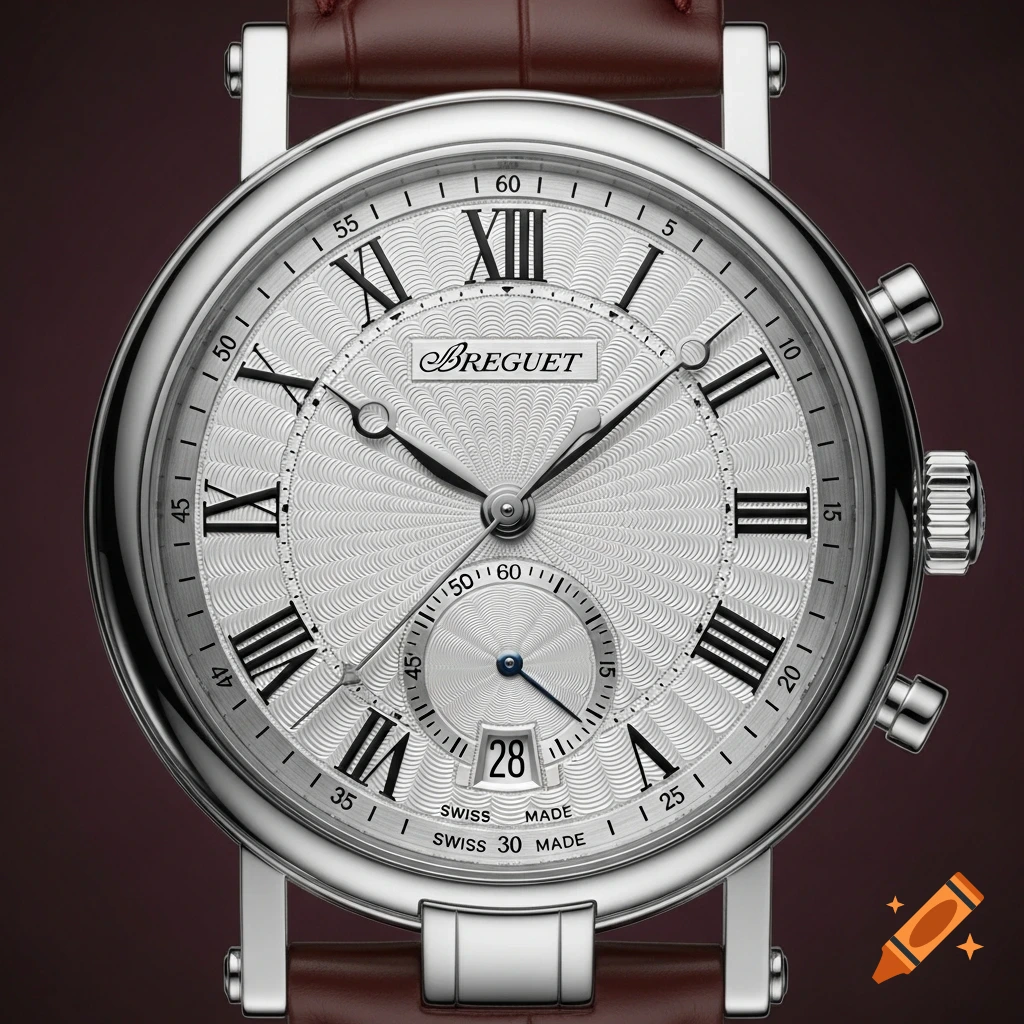 Close-up of a silver Breguet watch with a textured white dial, black Roman numerals, and a brown leather strap.