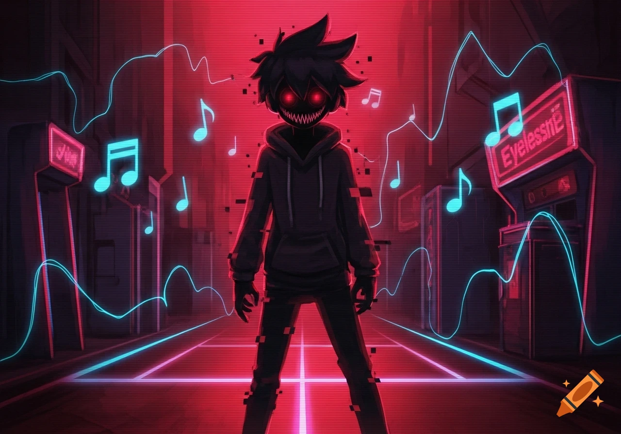 A stylized anime-like character with red glowing eyes and sharp teeth stands in a glitchy neon-lit arcade, surrounded by floating music notes and blue lines.