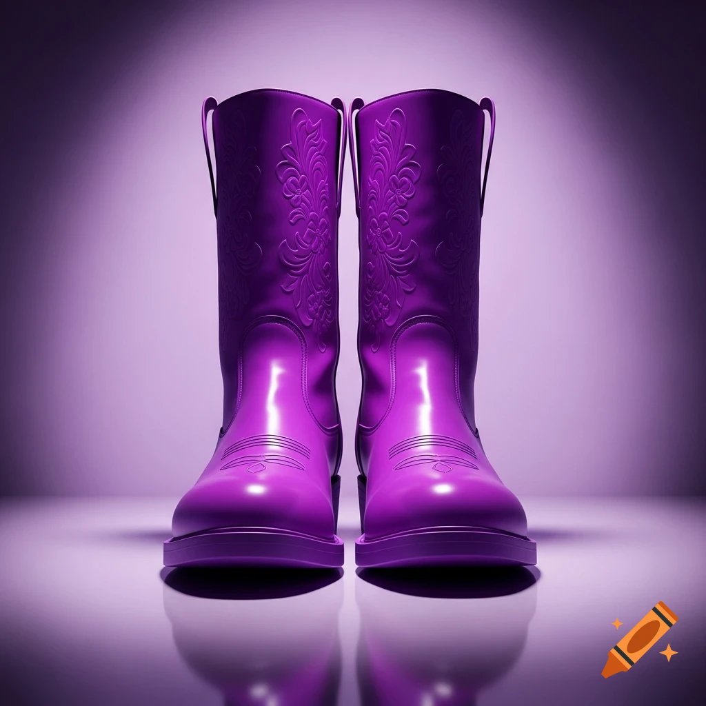 A pair of glossy purple cowboy boots with embossed patterns stand on a reflective surface against a purple background.