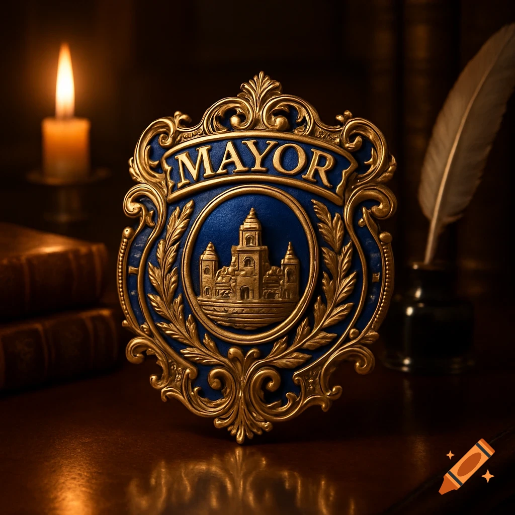 An ornate gold and blue 'MAYOR' badge with a castle design, illuminated by a candle in a vintage setting.