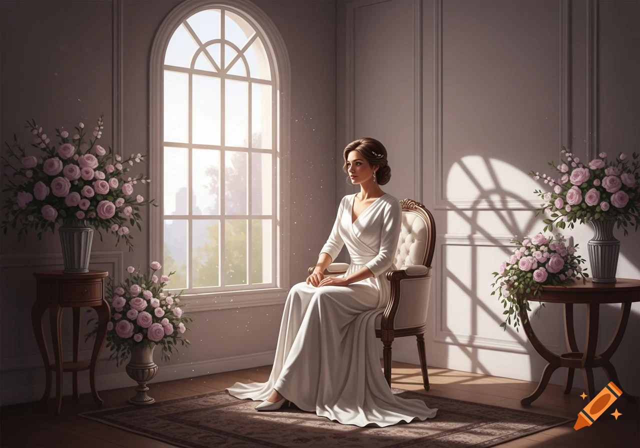 Elegant woman in a white dress sits by a large arched window, bathed in sunlight, surrounded by bouquets of pink roses.