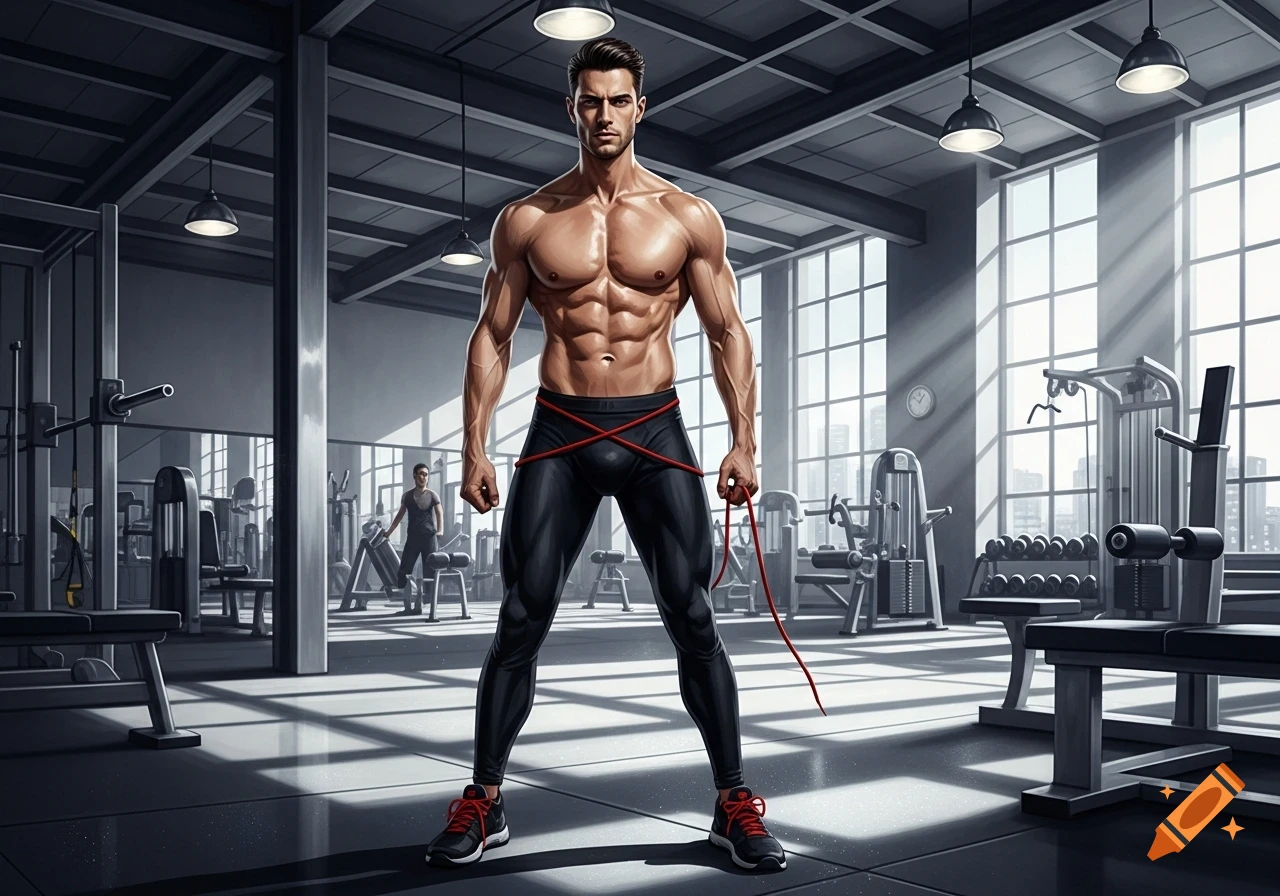 Muscular man in tight black pants holding a red rope, standing shirtless in a modern gym with equipment and large windows.