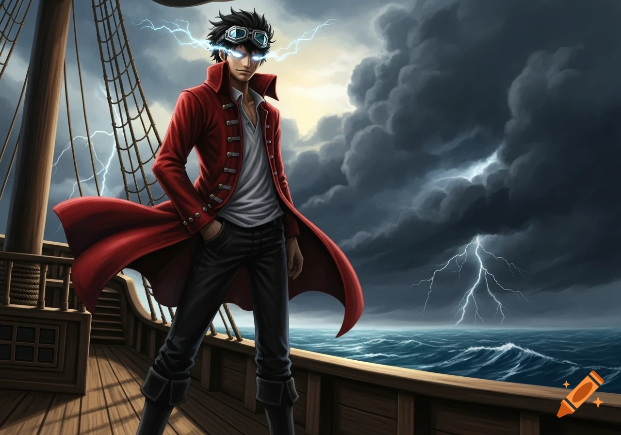 Anime character with glowing eyes and goggles on a pirate ship during a lightning storm.