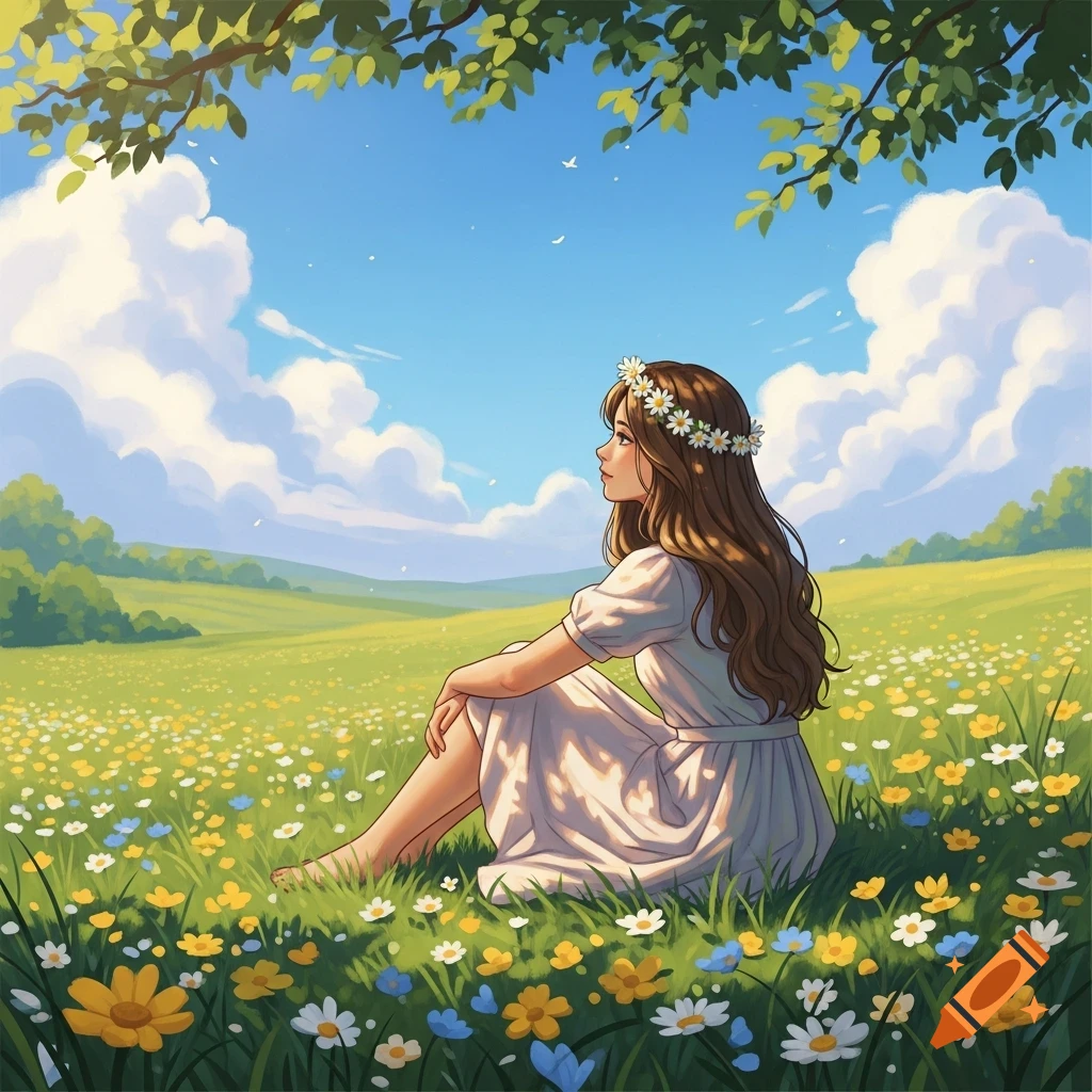 An illustration of a girl with long brown hair and a daisy crown sitting in a field of wildflowers under a sunny sky.