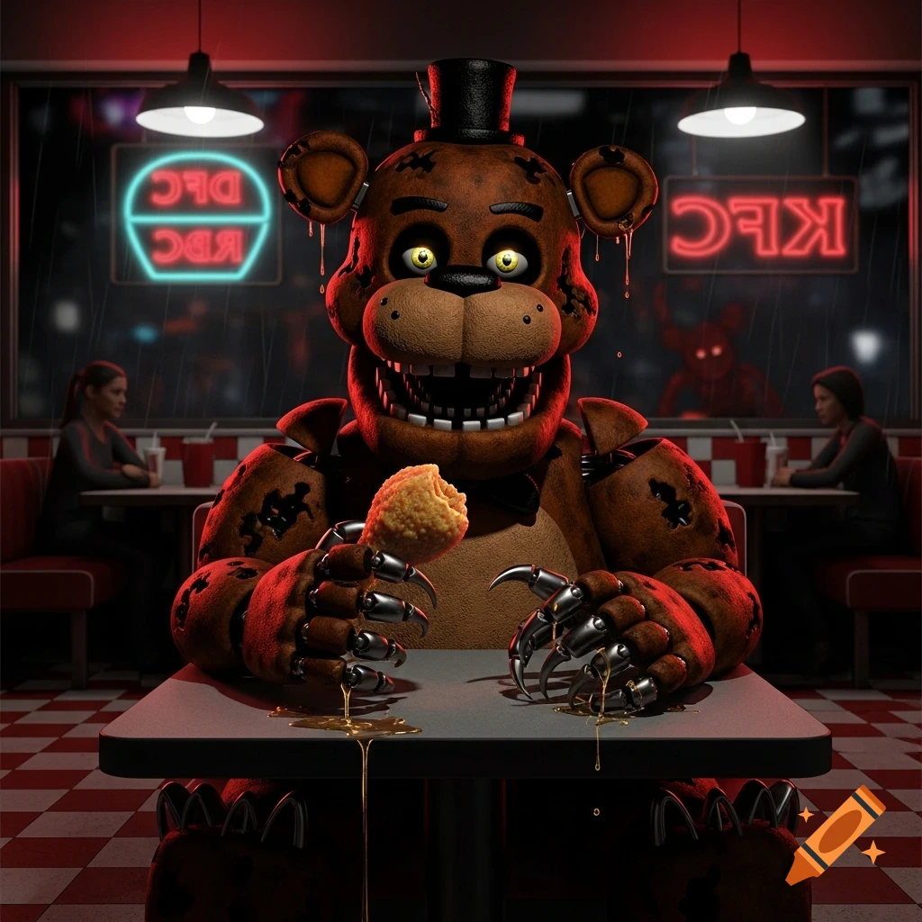 A creepy brown animatronic bear, Freddy Fazbear, sits at a diner table eating a piece of fried chicken. Neon signs are visible outside the window in the background.