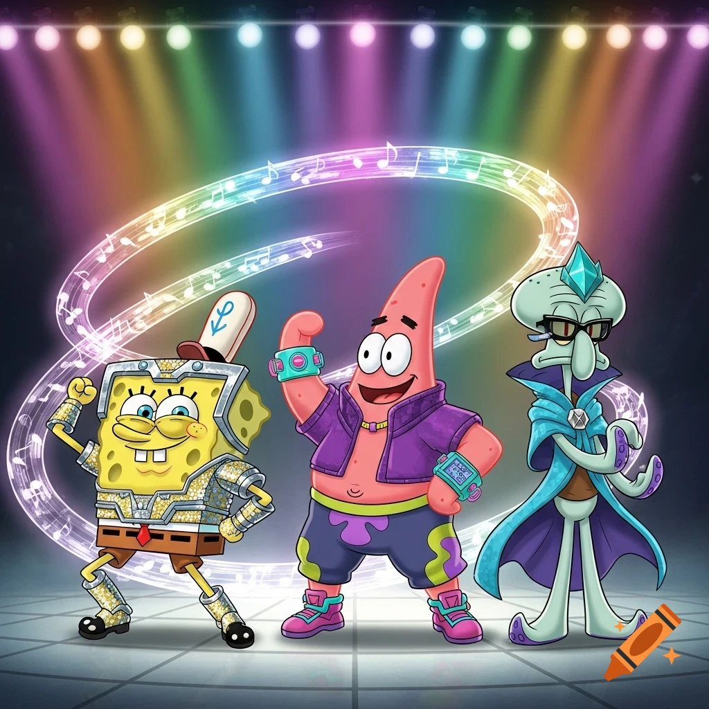 SpongeBob, Patrick, and Squidward in vibrant K-pop-inspired outfits, striking poses on a stage with colorful spotlights and musical notes.