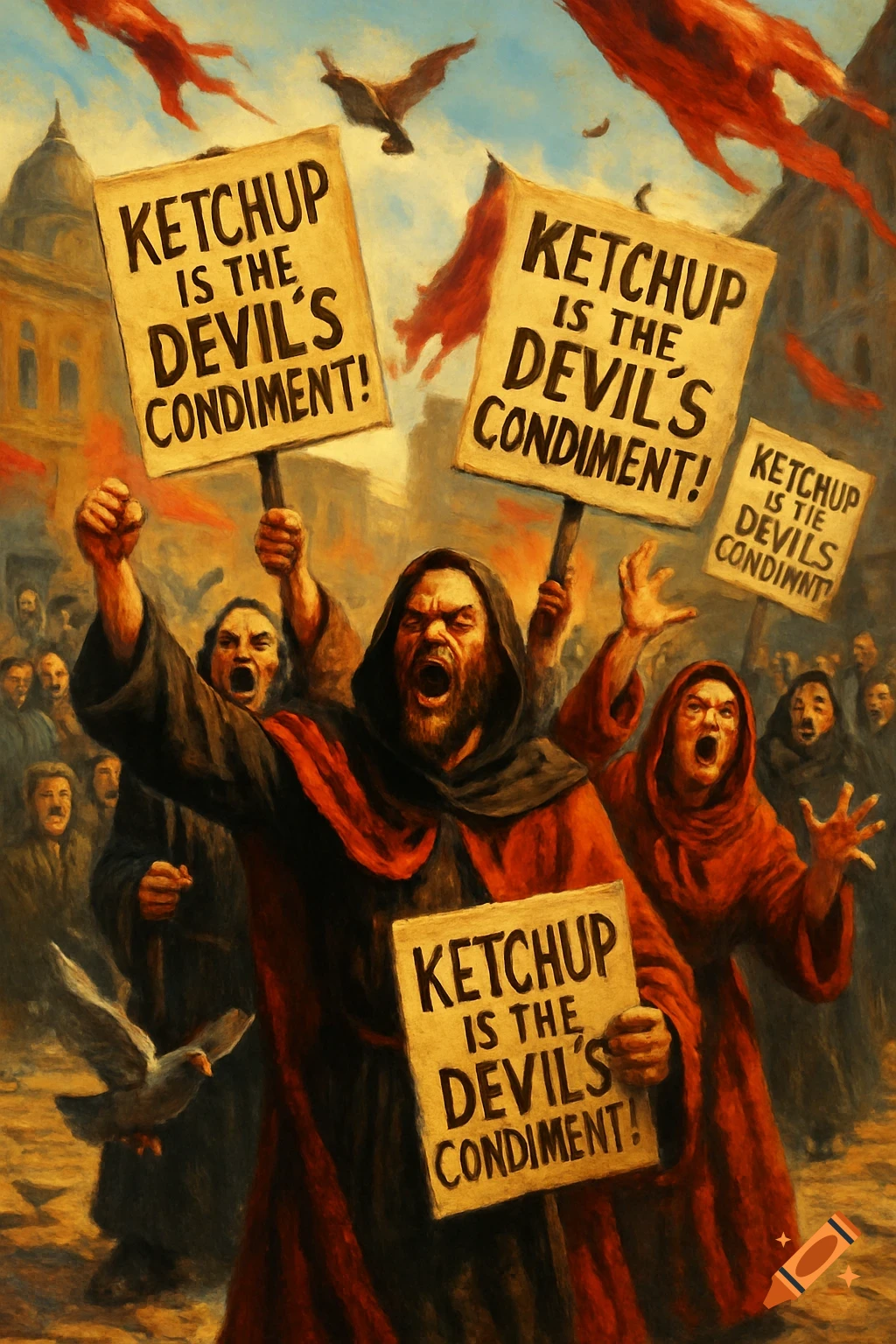 Painterly image of robed zealots loudly protesting, holding signs that read 'Ketchup is the devil's condiment!' against a city backdrop.