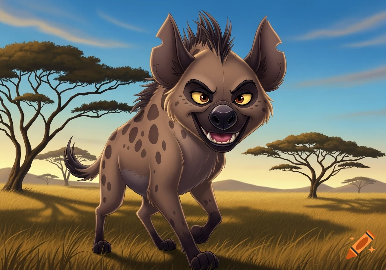 An animated hyena with a mischievous grin stands in a grassy savanna with acacia trees under a blue sky, in a style reminiscent of The Lion King.
