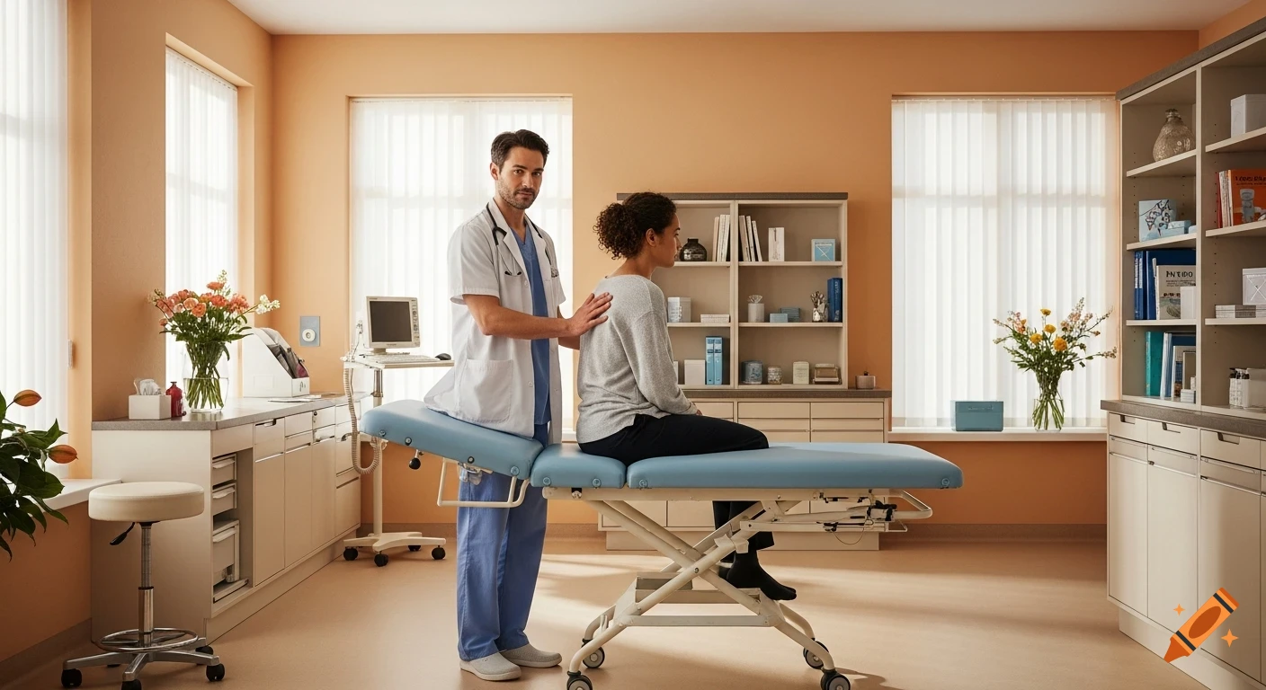 A male doctor places his hand on the back of a female patient sitting on an examination table in a photorealistic medical office.
