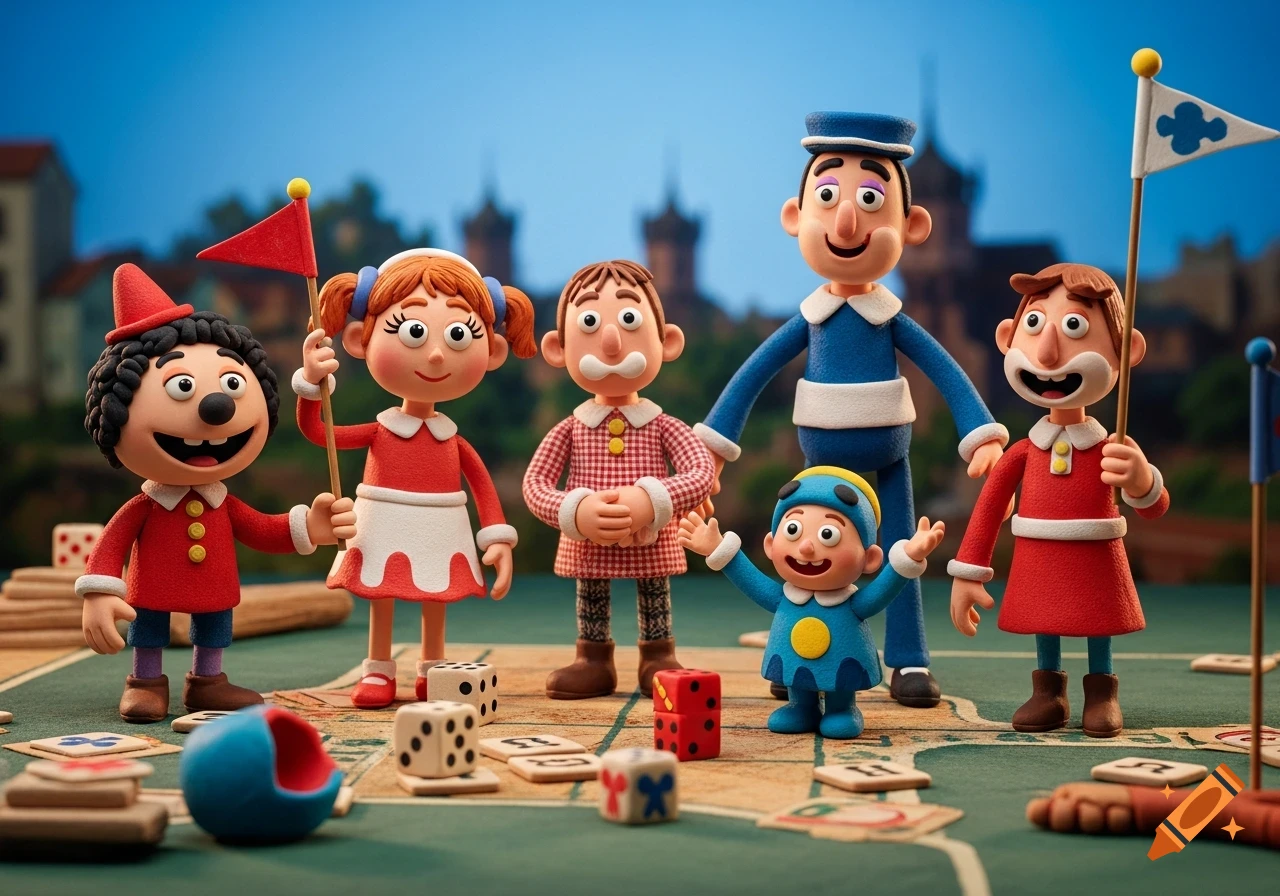 A group of six claymation characters, including adults and children, stand on a green board game, surrounded by dice and game pieces, with a town in the background.