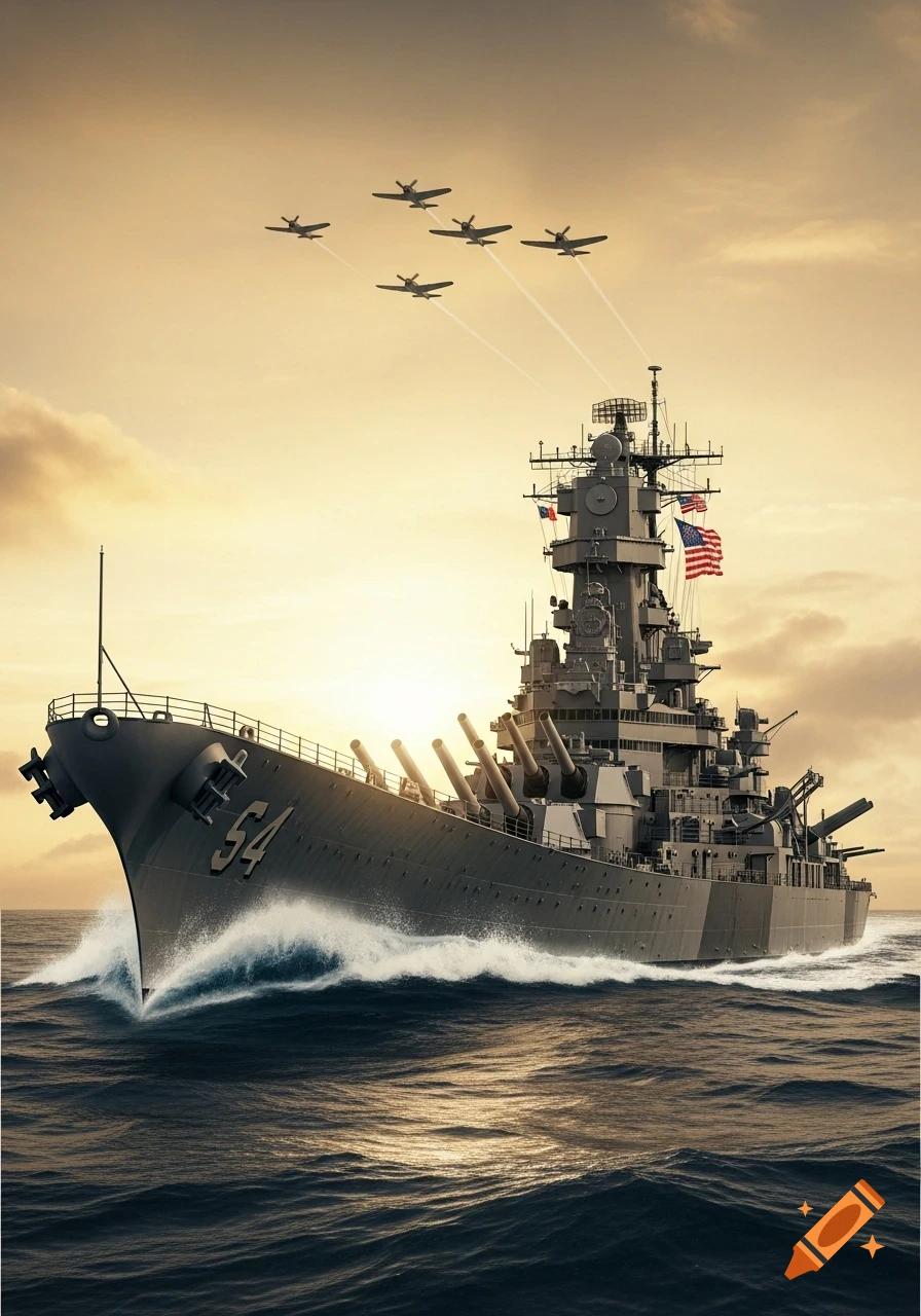 A large battleship with '54' on its bow sails on the ocean, with five military planes flying in formation above during sunset, photorealistic.