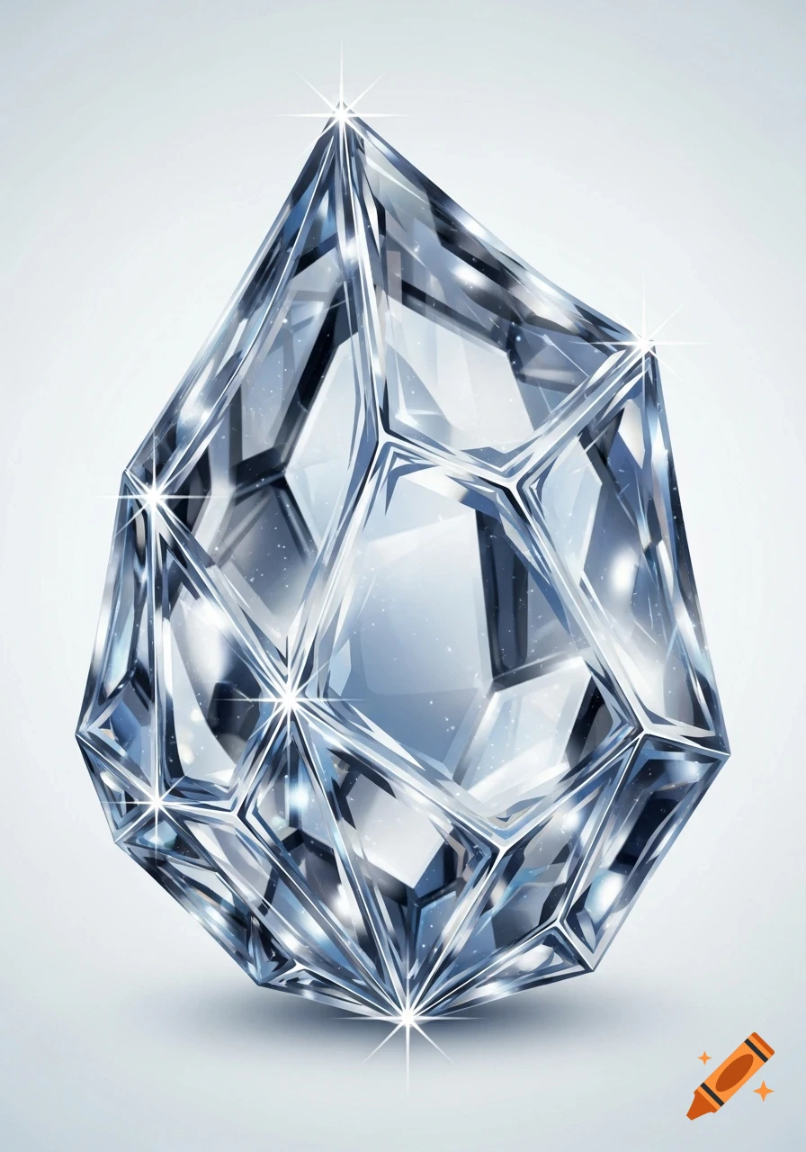 A sparkling, multi-faceted clear ice shard or diamond on a bright, minimalist background.
