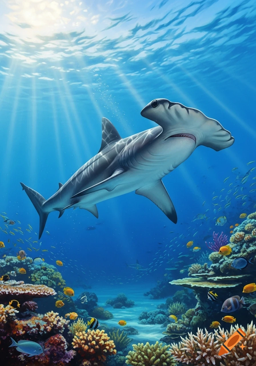 A hammerhead shark swims over a colorful coral reef, with sunlight rays piercing through the clear blue ocean water.