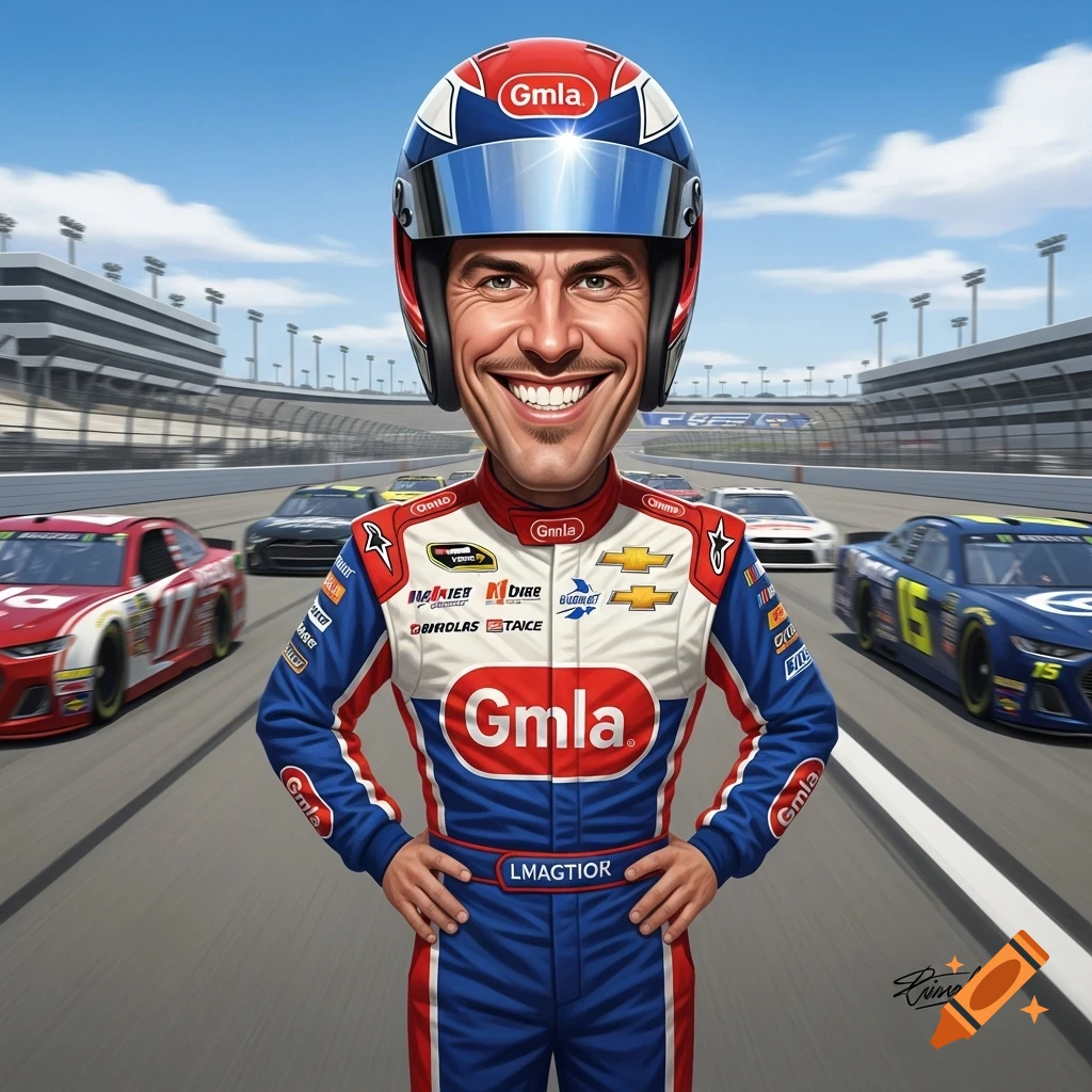 A smiling, large-headed caricature of a man in a red, white, and blue NASCAR firesuit stands on a race track with other race cars in the background under a blue sky.