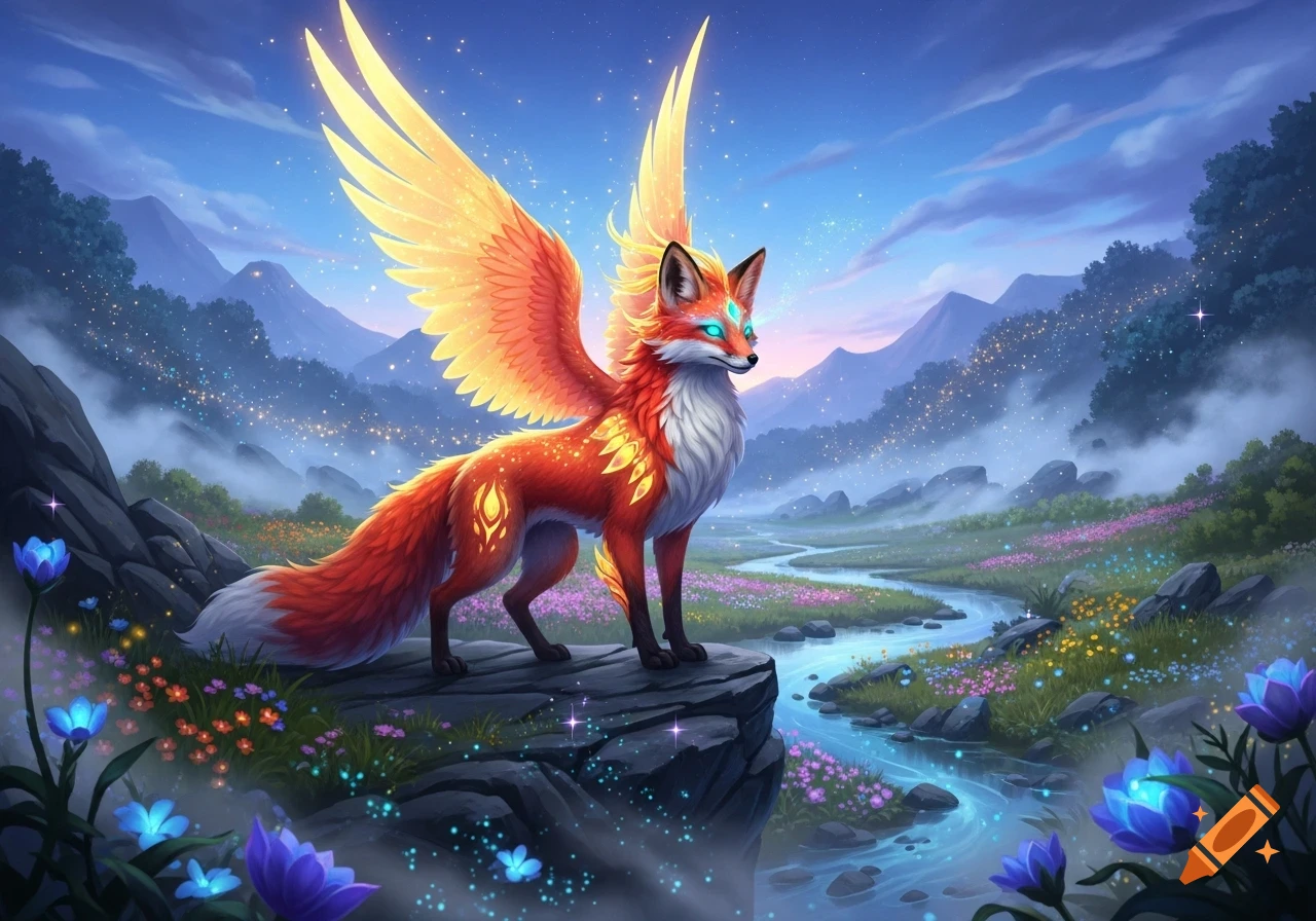 A vibrant red and white winged fox with glowing blue eyes stands on a rock in a magical landscape with a sparkling river, mountains, and colorful flowers under a starry sky.