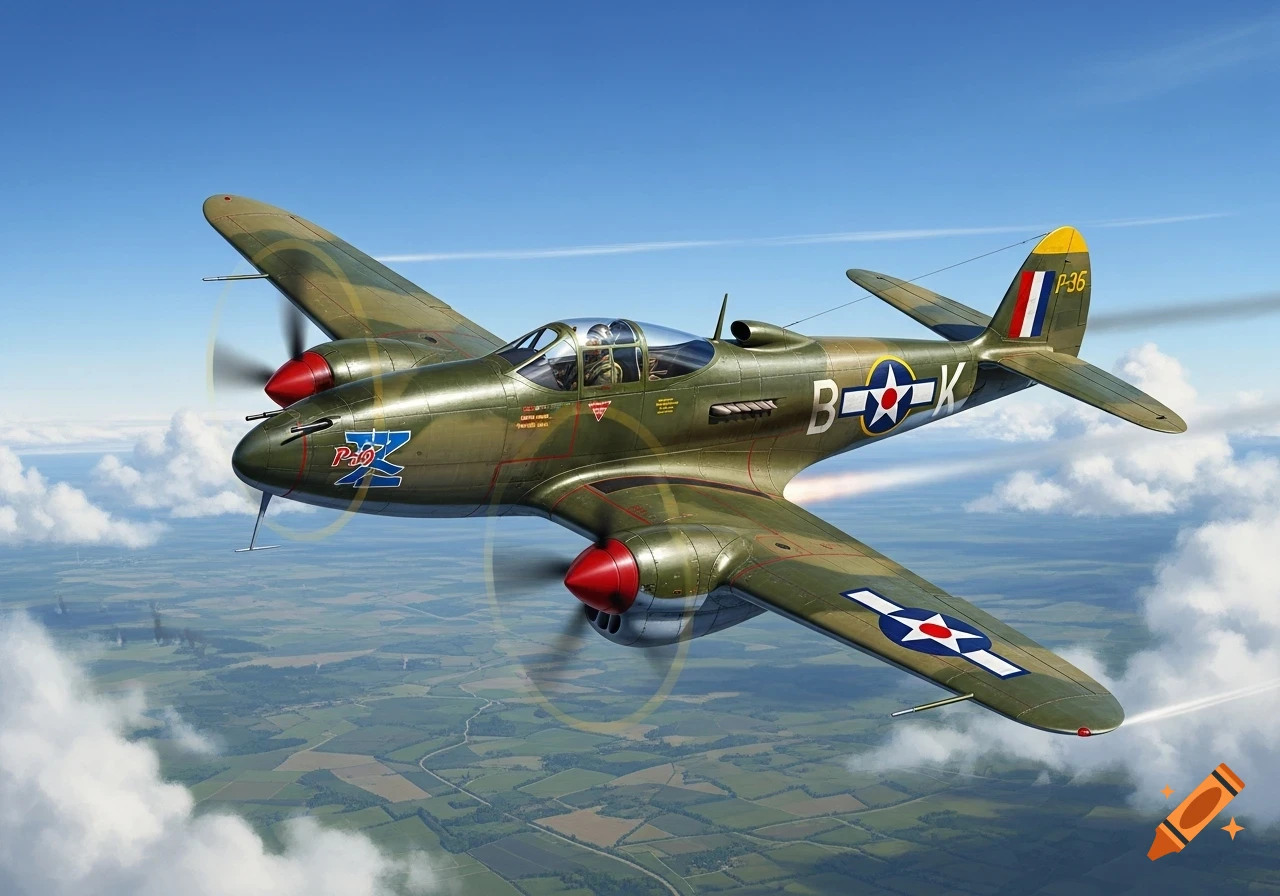 A camouflaged P-39 World War II fighter plane with red propeller hubs flies through a clear sky over green fields and clouds.