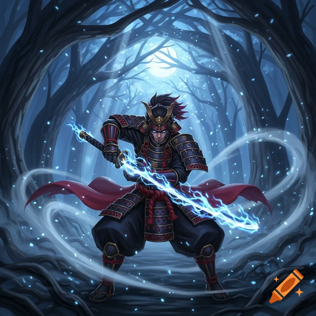 A samurai warrior in dark armor stands in a mystical forest, wielding a glowing blue sword under moonlight in digital art.