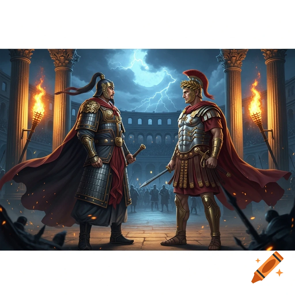 A Chinese general and a Roman soldier in full armor face each other in an ancient arena under a stormy, lightning-filled sky.